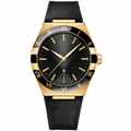 Men's dress watch with gold-tone case, black dial, and black leather strap