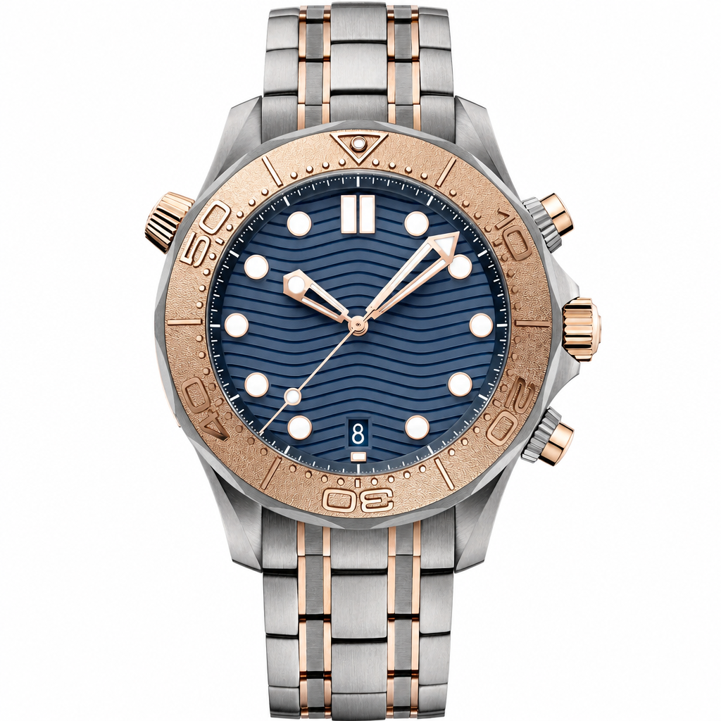 Two-Tone Blue Dial Metal Watch with Silver and Rose Gold Bracelet 44mm