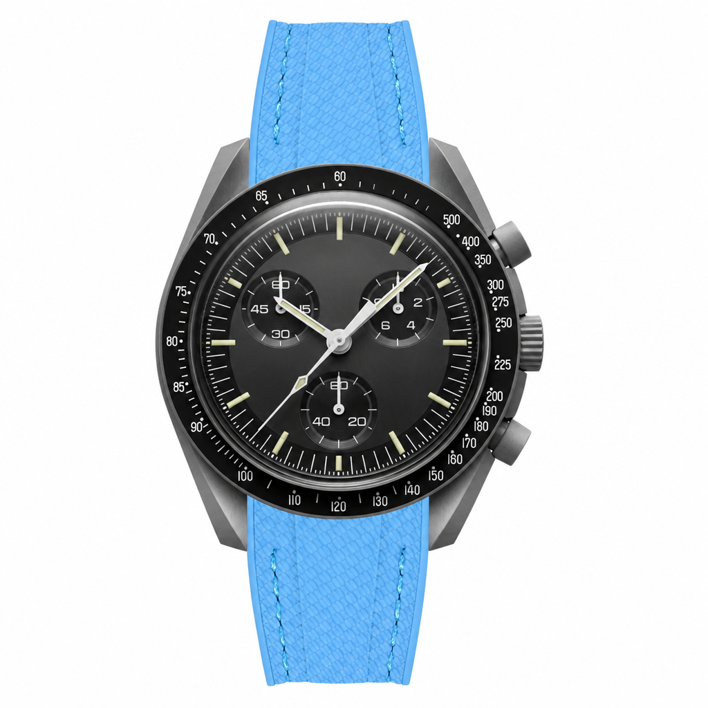 Chronograph sport watch with black dial and capri blue rubber strap on white background
