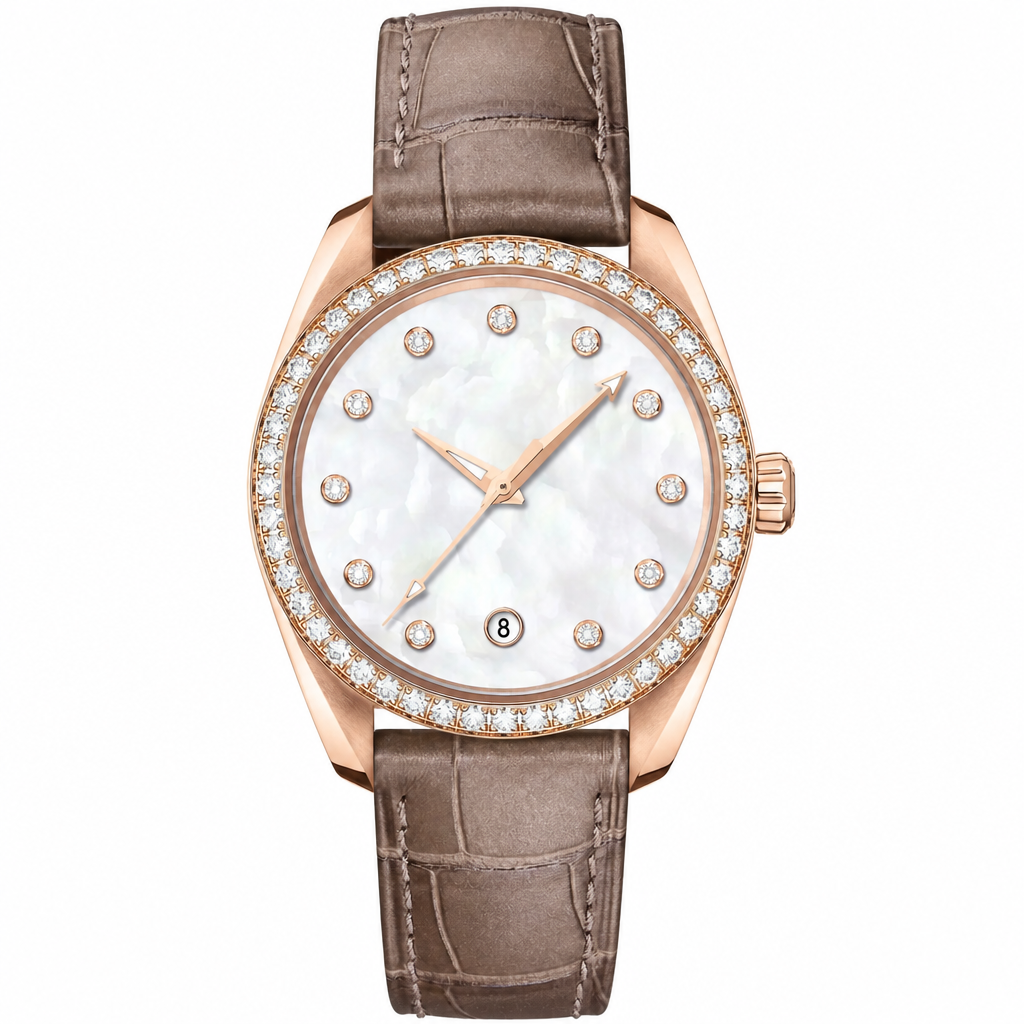 Classic Women's Watch with Rose Gold Case, Diamond Bezel, Mother-of-Pearl Dial, and Brown Leather Strap 38mm product photo