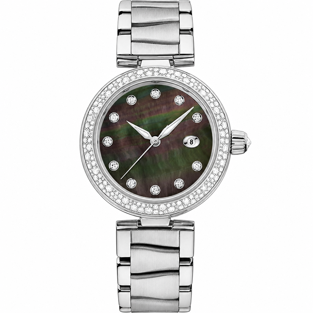 Silver-tone metal dress watch with dark mother-of-pearl dial and gemstone hour markers