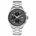 Sport chronograph watch with silver metal bracelet on white background