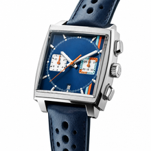 Square Chronograph Watch with Blue Dial and Leather Strap