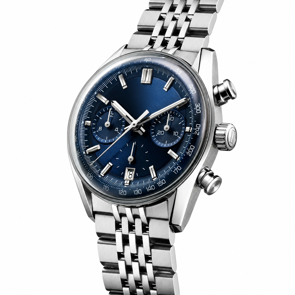 Chronograph watch with blue dial and stainless steel bracelet on white background product photo