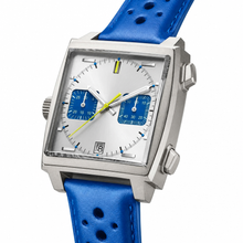Square Silver Case Watch with Blue Leather Strap
