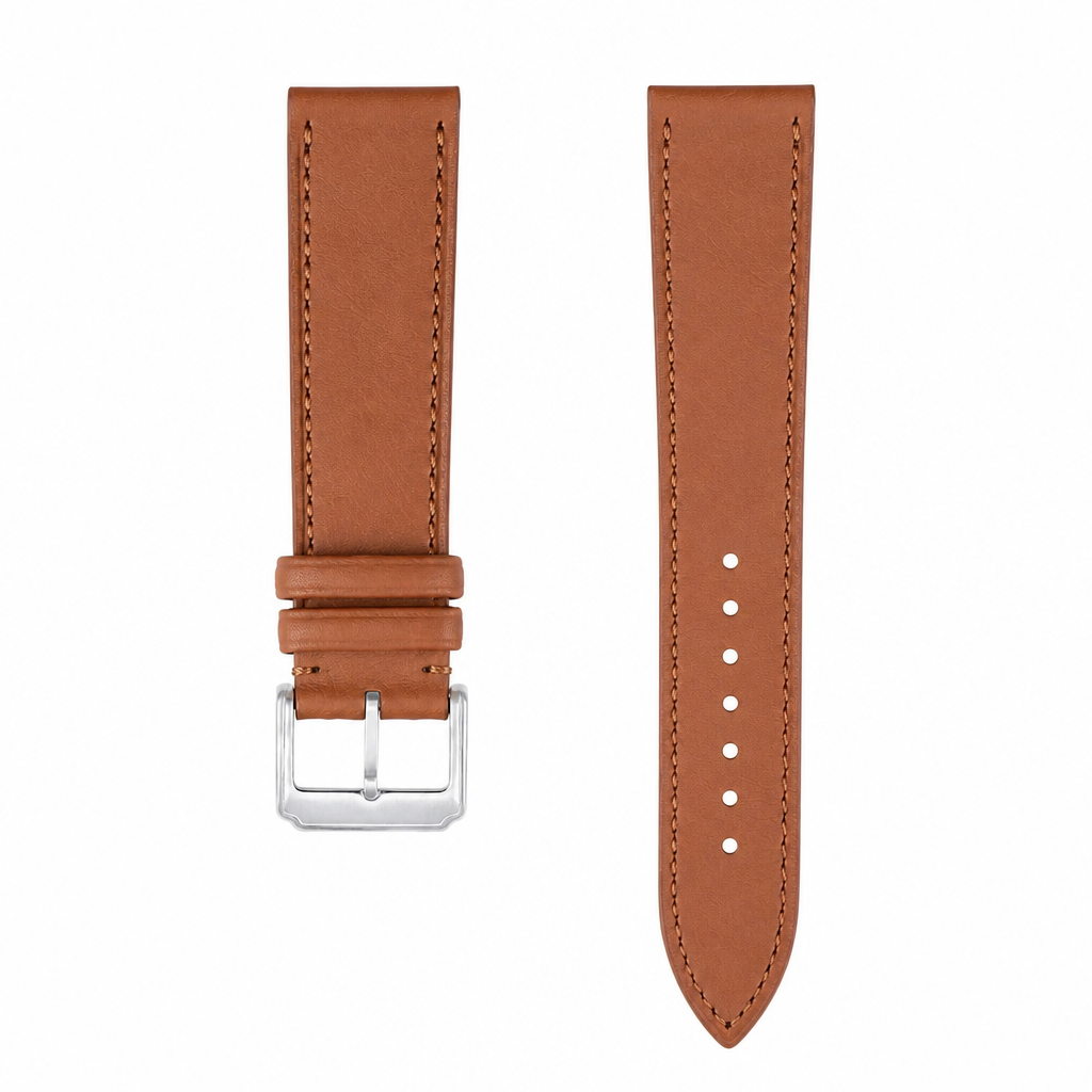 Brown leather watch strap with silver buckle, 21mm width, on white background