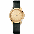 Women's dress watch with gold-tone case and black leather strap