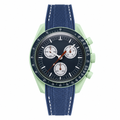 Sport chronograph watch with blue dial, light green case, and blue rubber strap