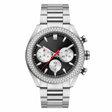 Stainless Steel Chronograph Watch with Black Dial and Crystal Bezel