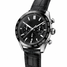 Sport Chronograph Watch with Black Dial and Leather Strap