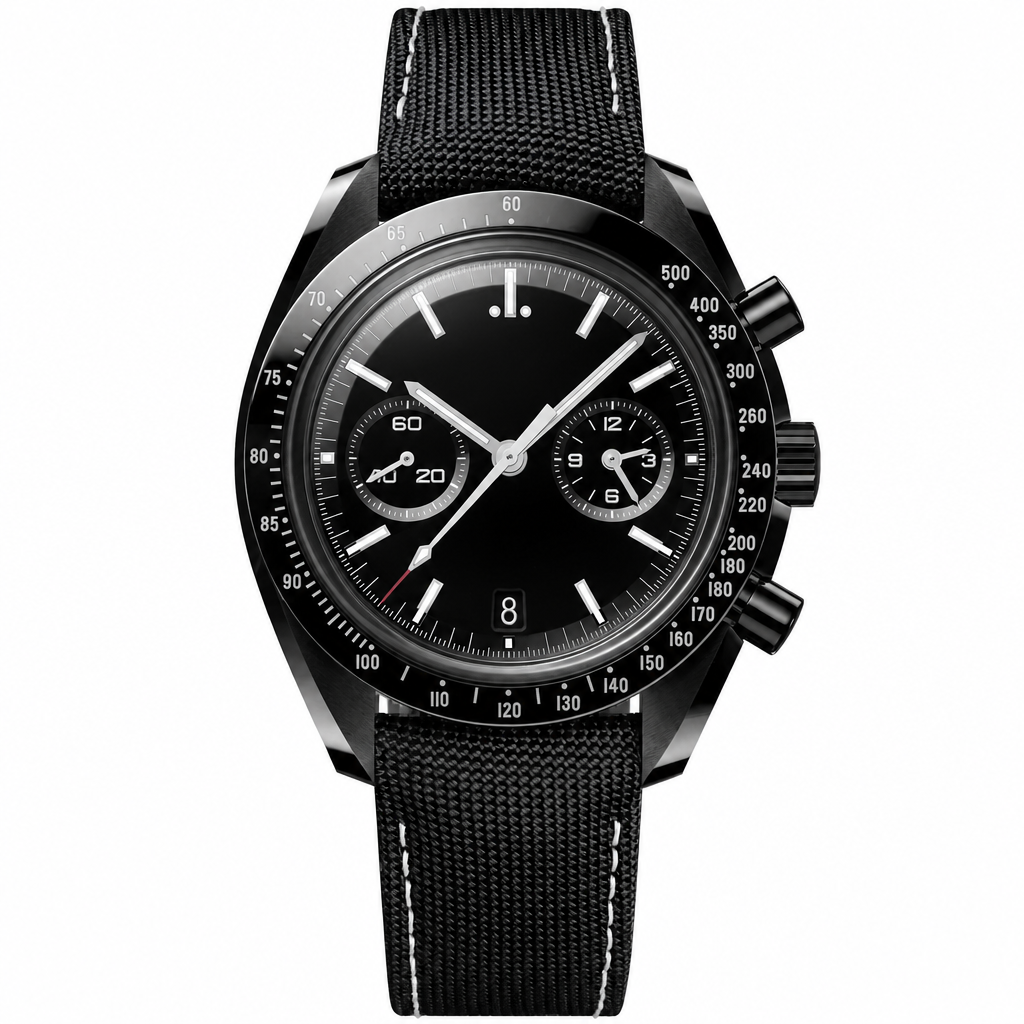 Black chronograph watch with black fabric strap and white stitching on a white background