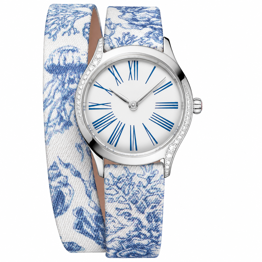 Women's dress watch with white dial, blue Roman numerals, silver case, and white-blue patterned fabric strap